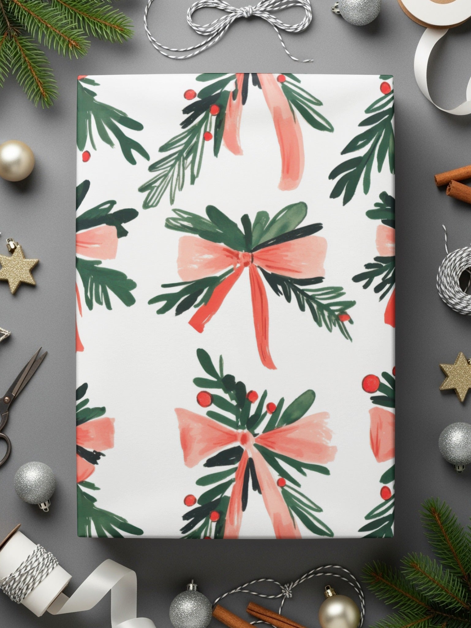 Coquette Christmas Festive Bows With Pine Sprigs Holiday Repeat Digital - Moore and Mountain