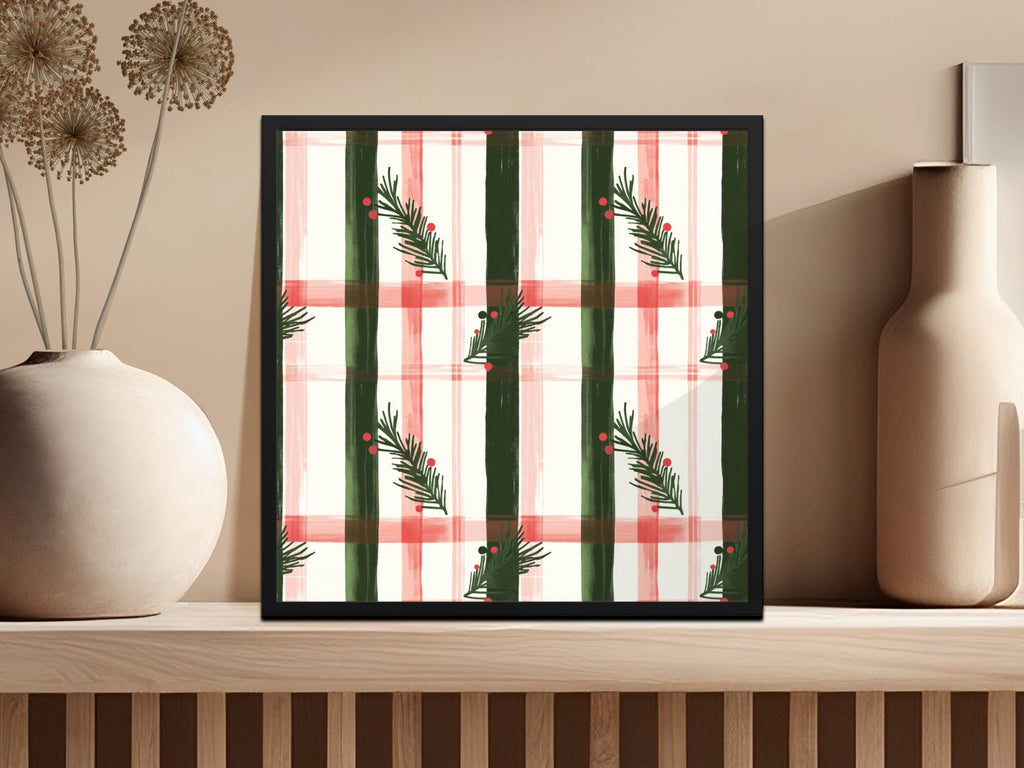 Coquette Christmas Holiday Tartan Pattern with Fir Twigs & Berries Digital Download | Festive Christmas Plaid Art - Moore and Mountain