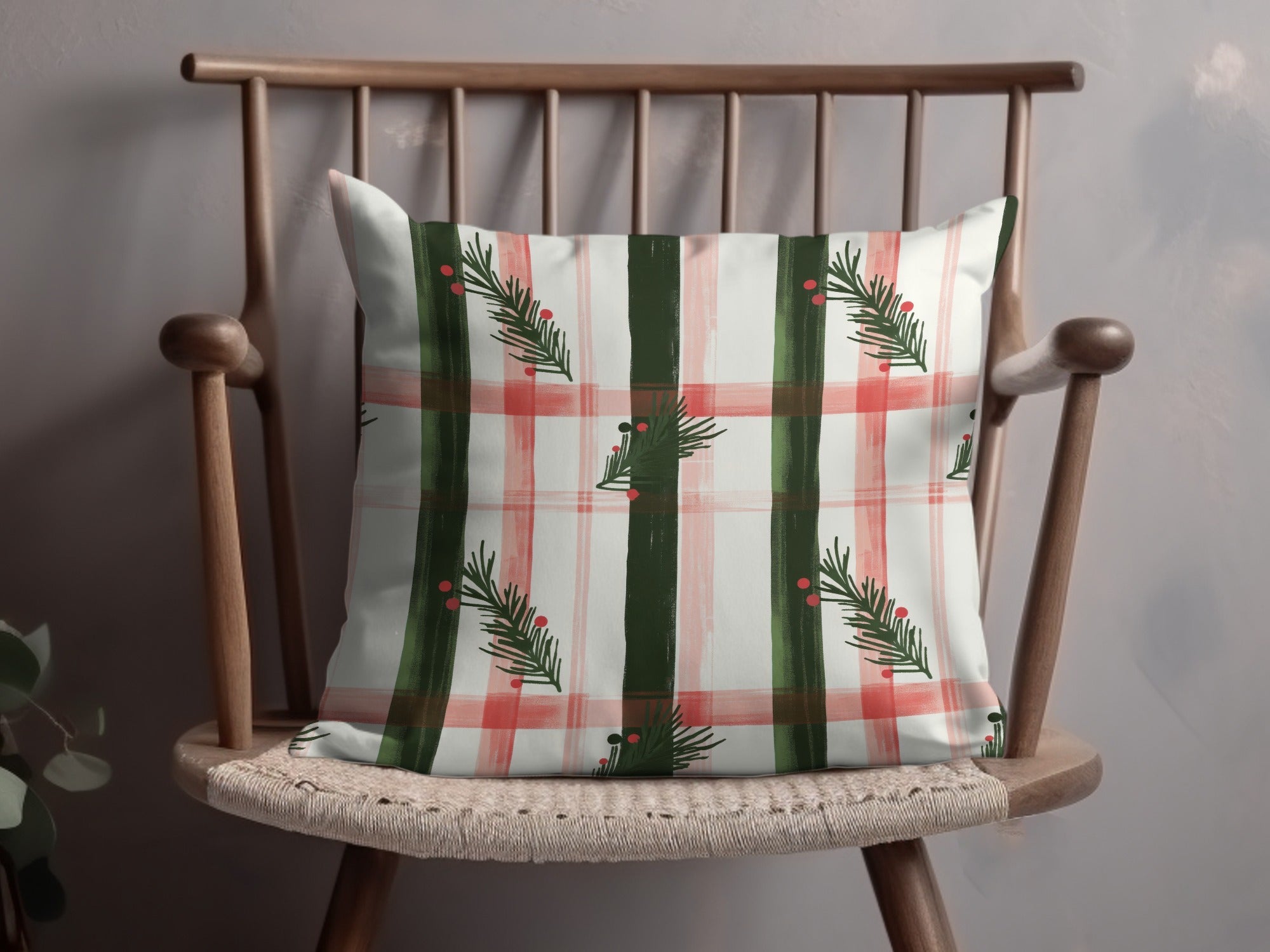 Coquette Christmas Holiday Tartan Pattern with Fir Twigs & Berries Digital Download | Festive Christmas Plaid Art - Moore and Mountain