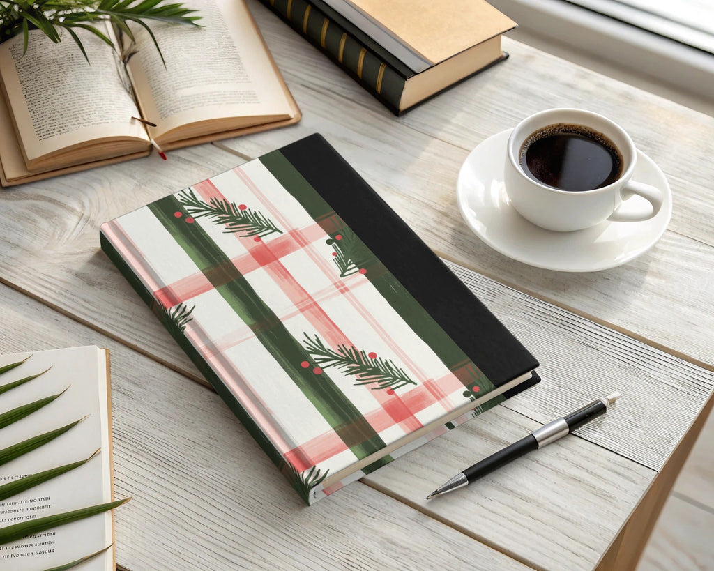 Coquette Christmas Holiday Tartan Pattern with Fir Twigs & Berries Digital Download | Festive Christmas Plaid Art - Moore and Mountain