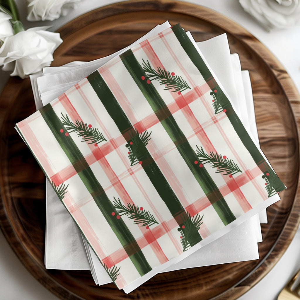Coquette Christmas Holiday Tartan Pattern with Fir Twigs & Berries Digital Download | Festive Christmas Plaid Art - Moore and Mountain