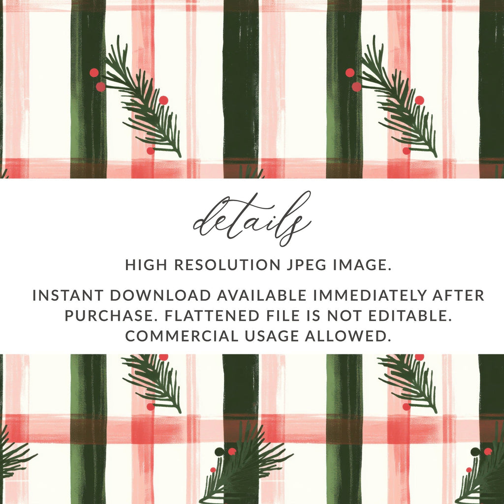 Coquette Christmas Holiday Tartan Pattern with Fir Twigs & Berries Digital Download | Festive Christmas Plaid Art - Moore and Mountain