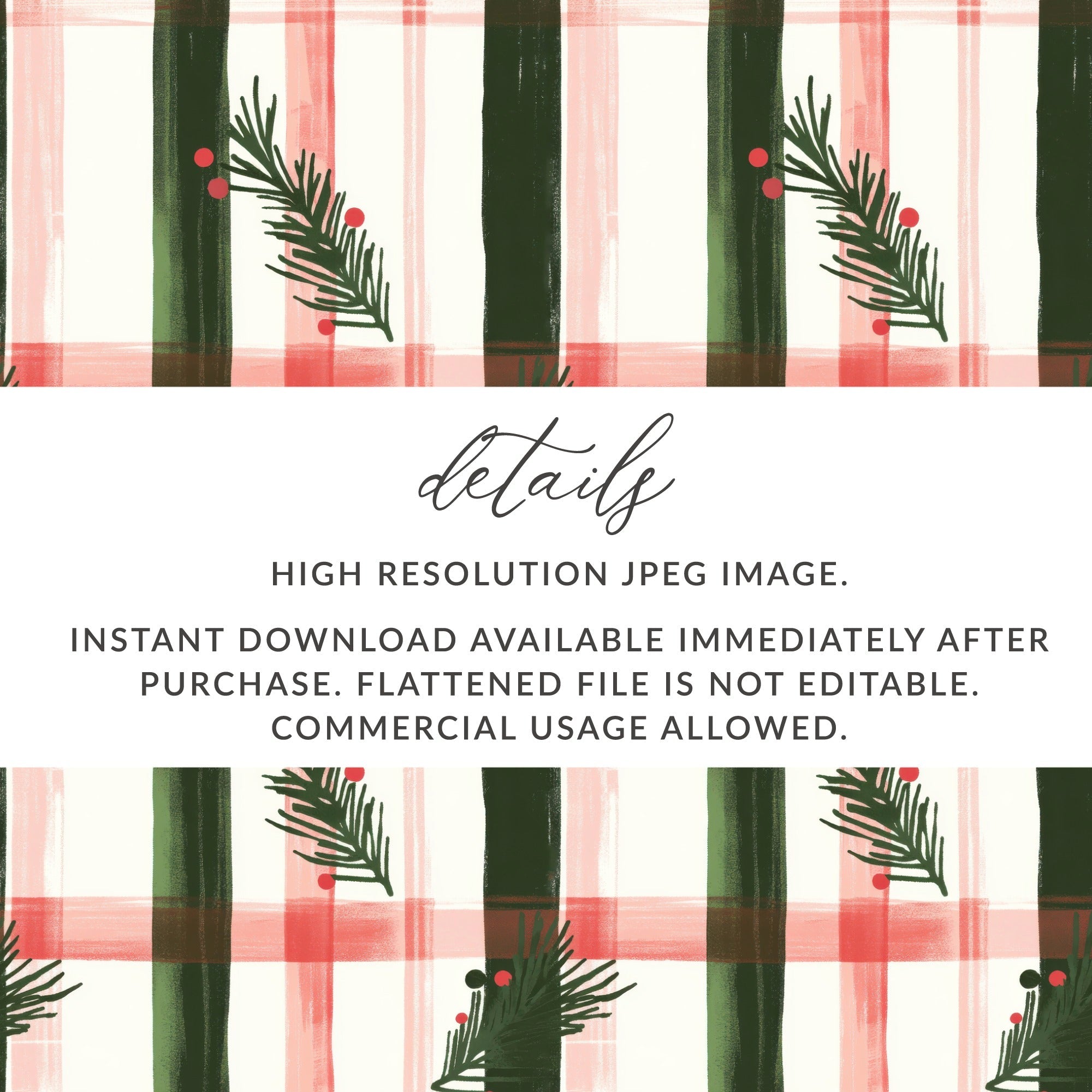 Coquette Christmas Holiday Tartan Pattern with Fir Twigs & Berries Digital Download | Festive Christmas Plaid Art - Moore and Mountain