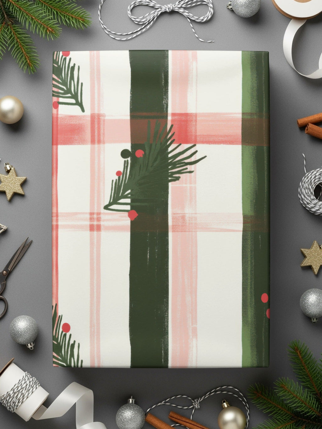 Coquette Christmas Holiday Tartan Pattern with Fir Twigs & Berries Digital Download | Festive Christmas Plaid Art - Moore and Mountain