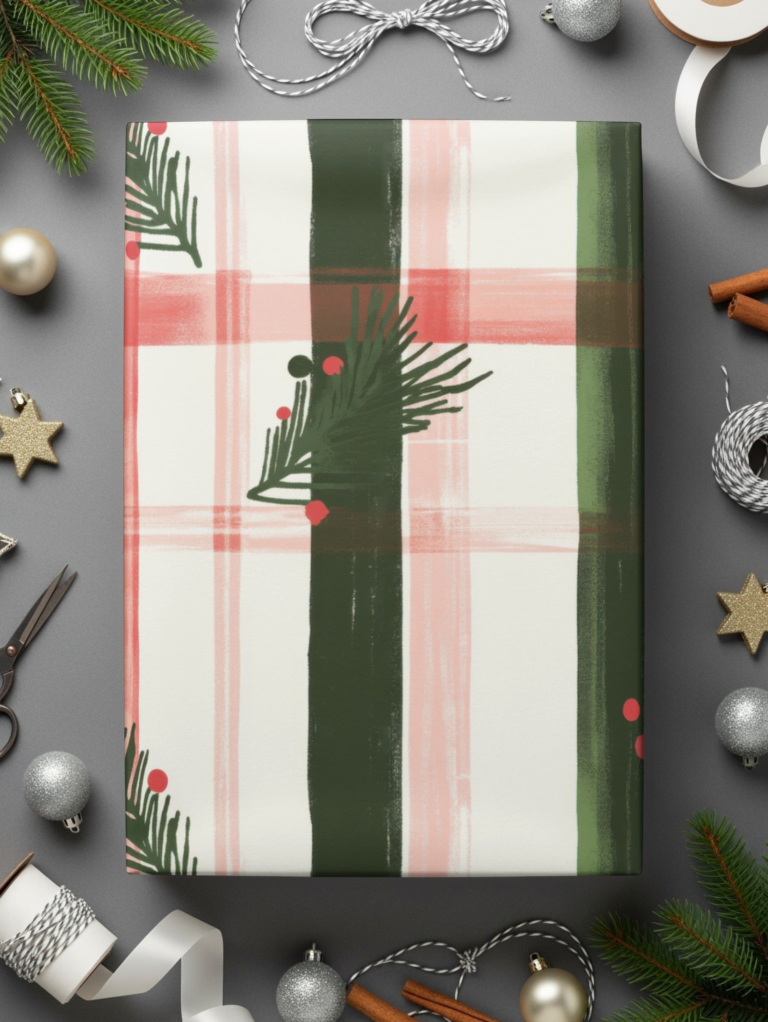 Coquette Christmas Holiday Tartan Pattern with Fir Twigs & Berries Digital Download | Festive Christmas Plaid Art - Moore and Mountain