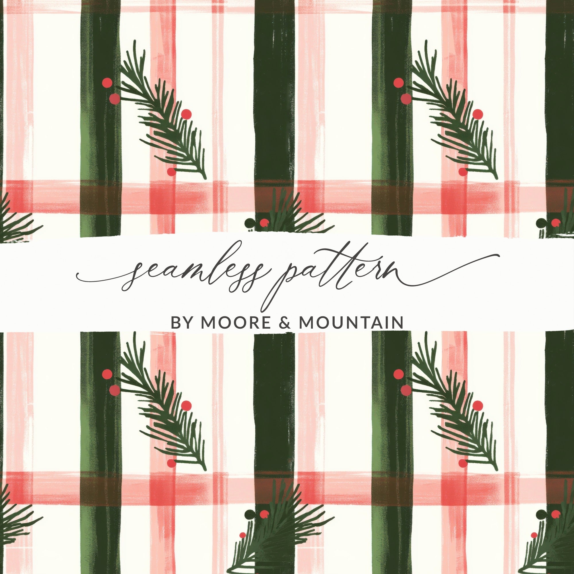 Coquette Christmas Holiday Tartan Pattern with Fir Twigs & Berries Digital Download | Festive Christmas Plaid Art - Moore and Mountain