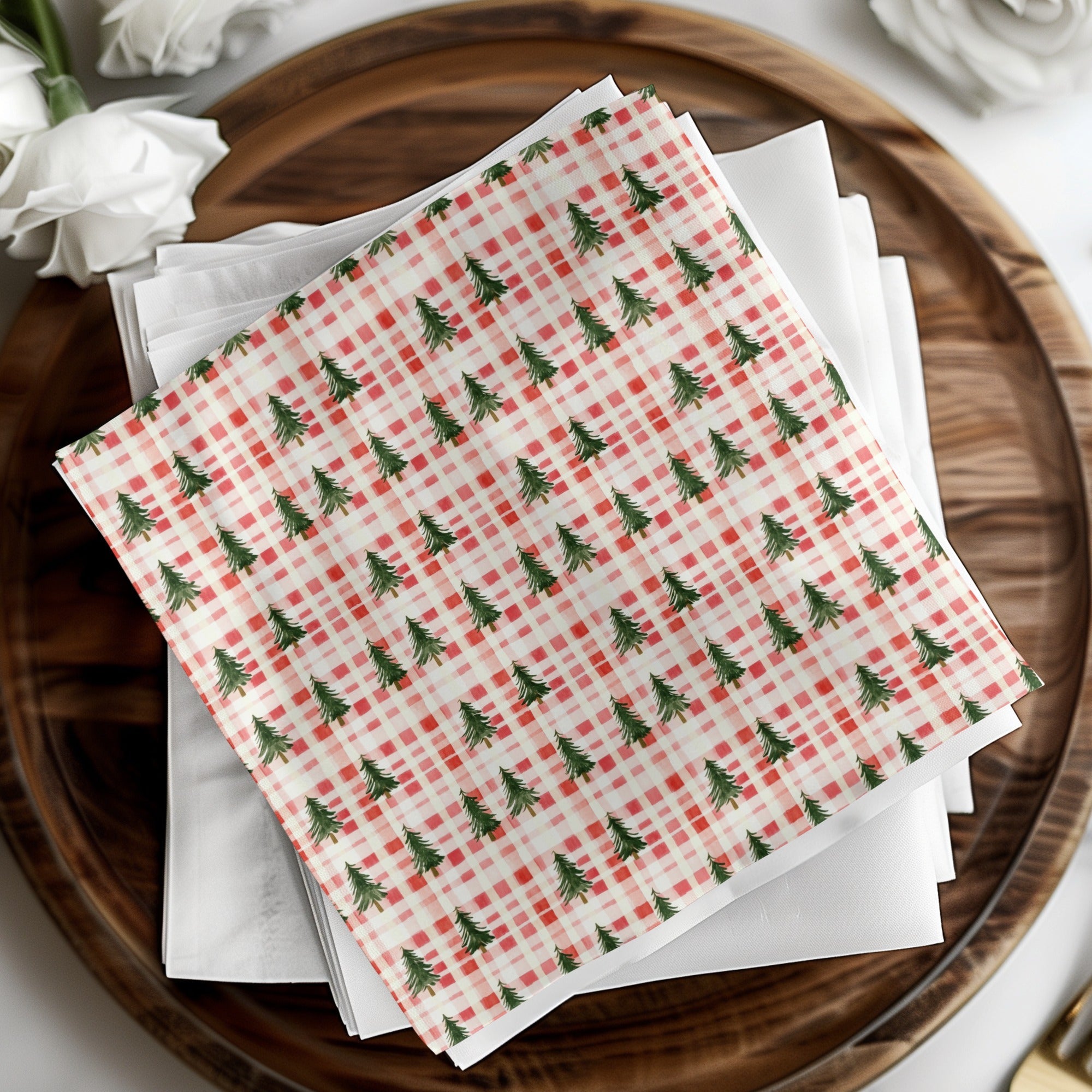 Coquette Red And White Plaid With Green Trees Pattern Digital - Moore and Mountain
