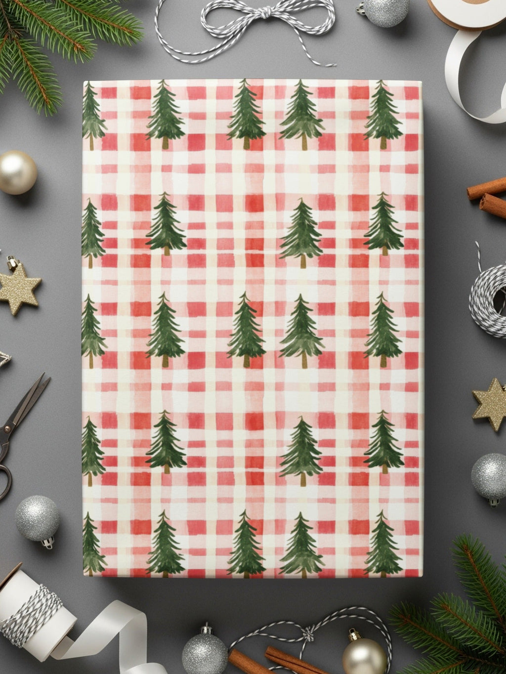 Coquette Red And White Plaid With Green Trees Pattern Digital - Moore and Mountain
