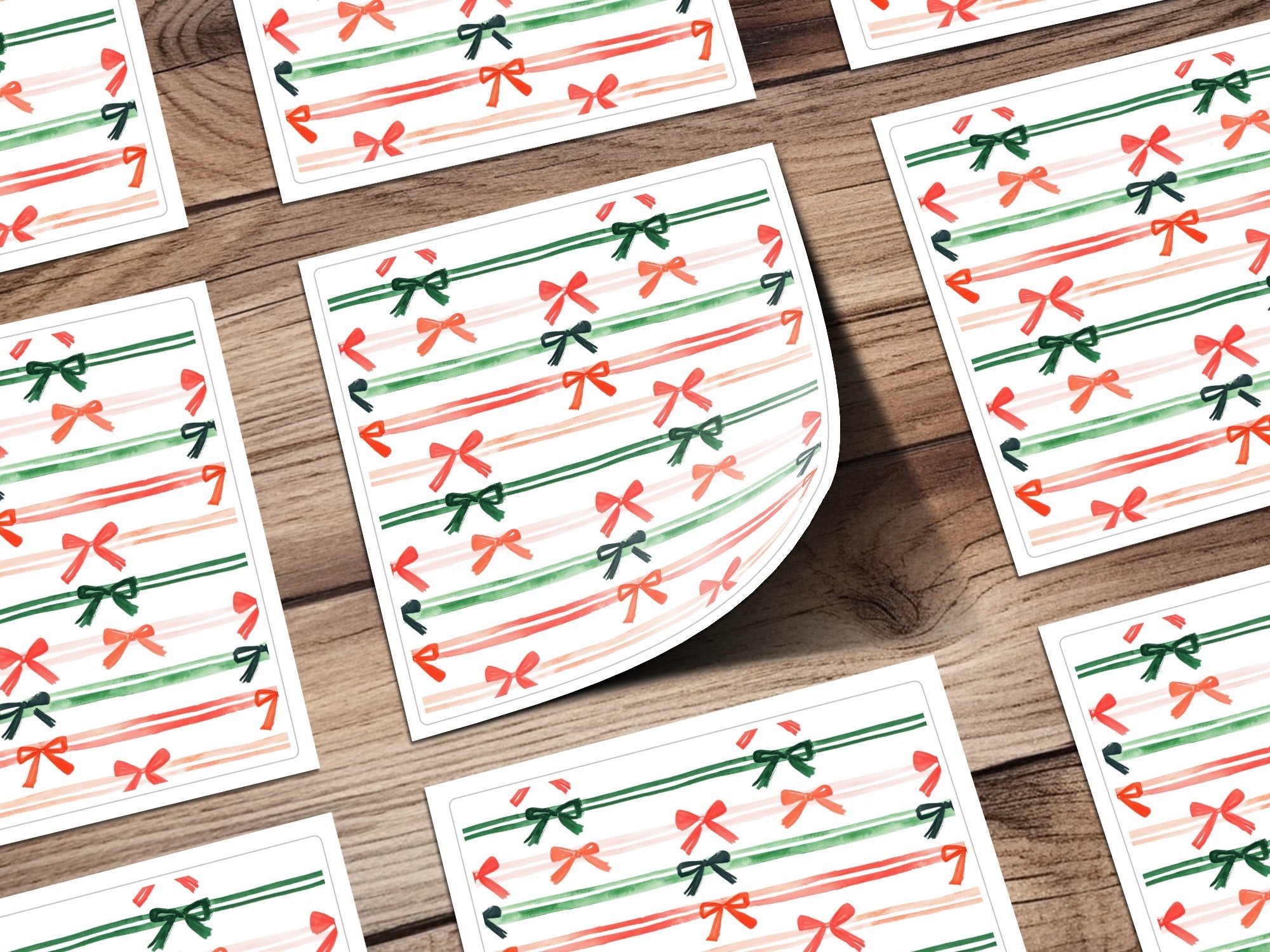 Coquette Watercolor Holiday Ribbons on Stripes Seamless Pattern Digital Red and Green Bows - Moore and Mountain