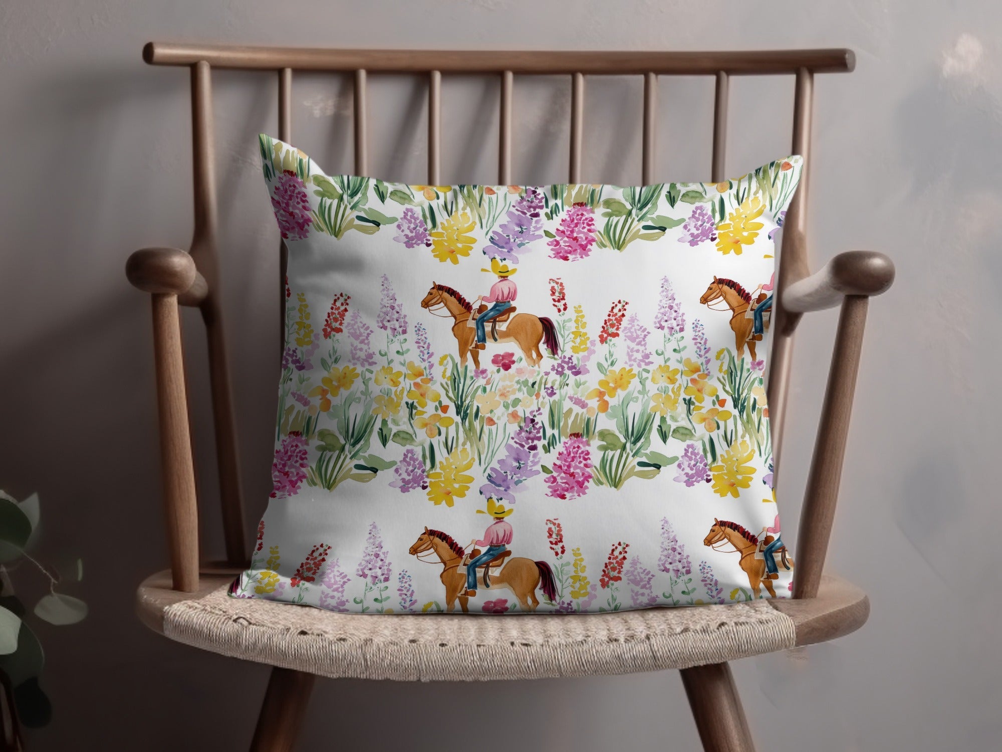 Cowboy Horse Flowers Digital Paper, Watercolor Seamless Pattern, Farmhouse Background, Rustic Floral Fabric Design, Printable Scrapbook - Moore and Mountain