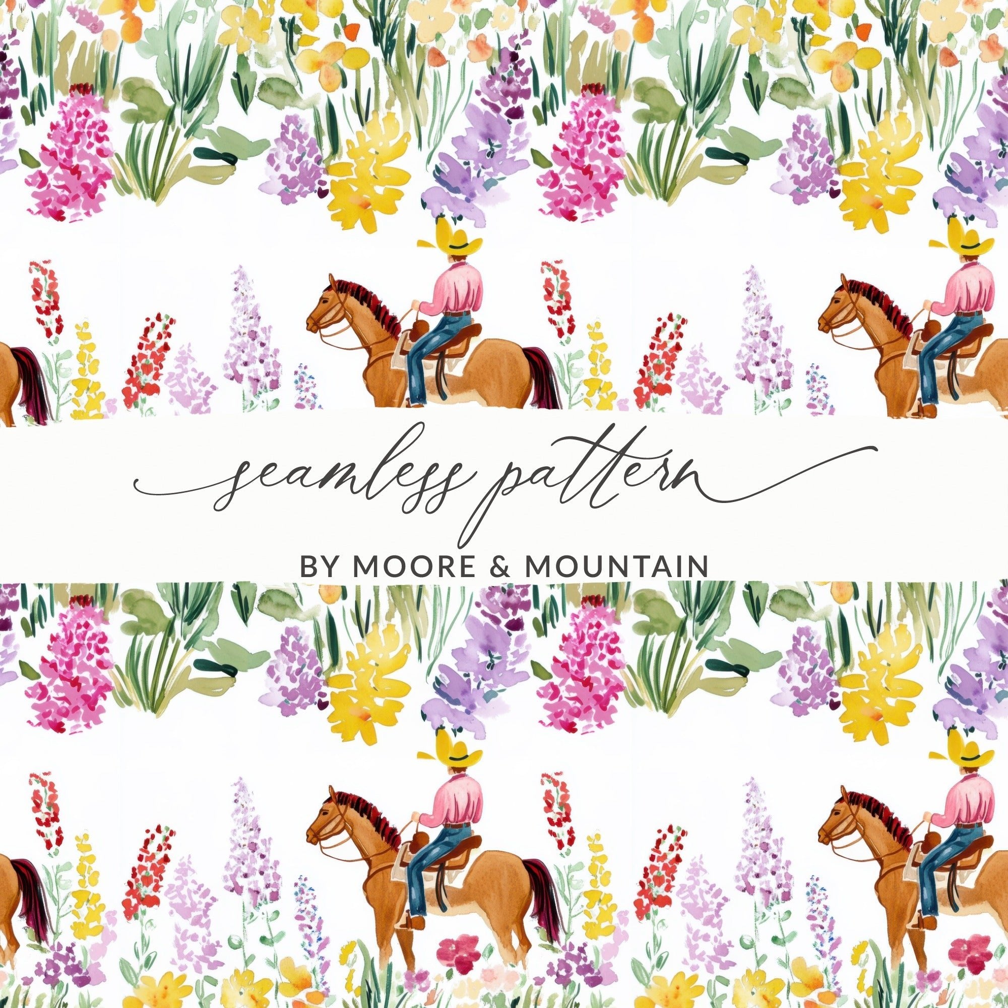 Cowboy Horse Flowers Digital Paper, Watercolor Seamless Pattern, Farmhouse Background, Rustic Floral Fabric Design, Printable Scrapbook - Moore and Mountain