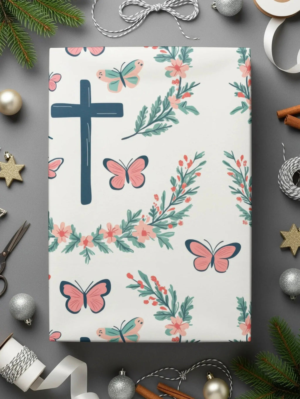 Cross Butterfly Digital Paper, Floral Seamless Pattern, Christian Digital Background, Religious Print, Digital Files for Fabric, Crafts - Moore and Mountain