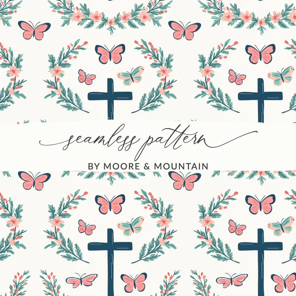 Cross Butterfly Digital Paper, Floral Seamless Pattern, Christian Digital Background, Religious Print, Digital Files for Fabric, Crafts - Moore and Mountain