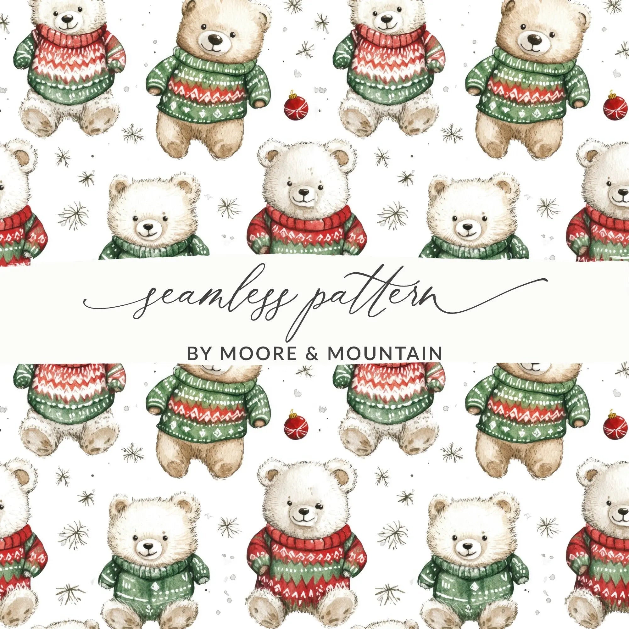 Cute Bear Christmas Seamless Pattern Digital, Holiday Sweater Teddy Bear Digital Paper, Festive Ornament Watercolor Animal Background - Moore and Mountain