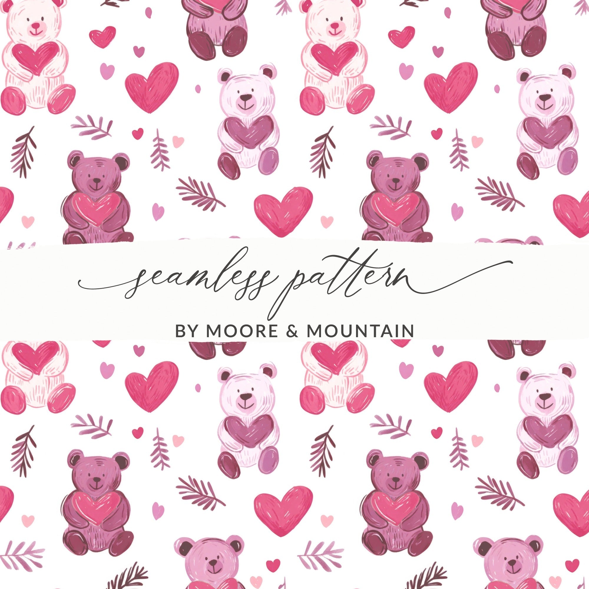 Cute Bear Hearts Seamless Pattern Sweet Love Digital - Moore and Mountain