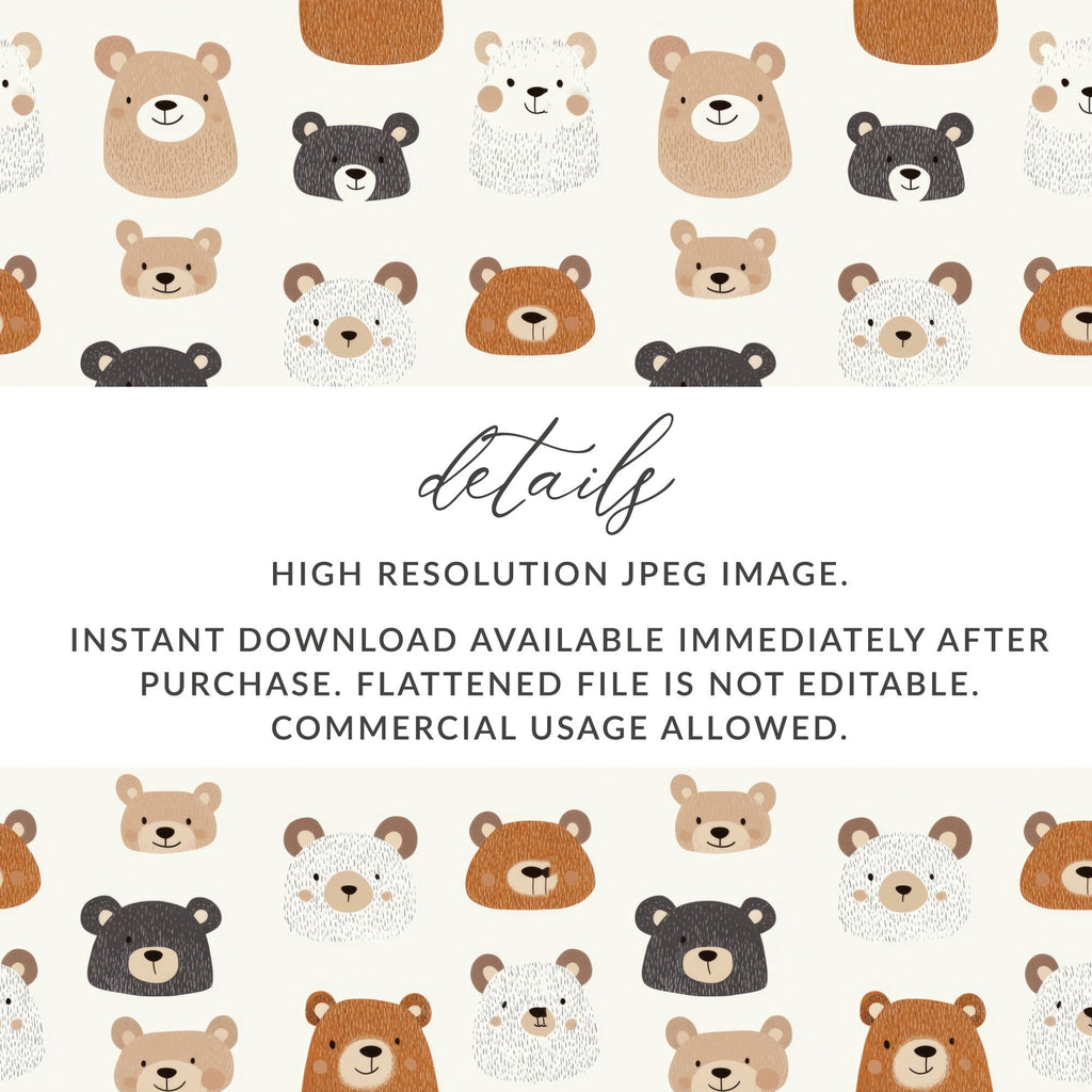 Cute Bear Seamless Pattern Digital Paper, Nursery Animal Pattern, Kids Fabric Design, 12x12 JPEG Files, Repeating Pattern Digital - Moore and Mountain