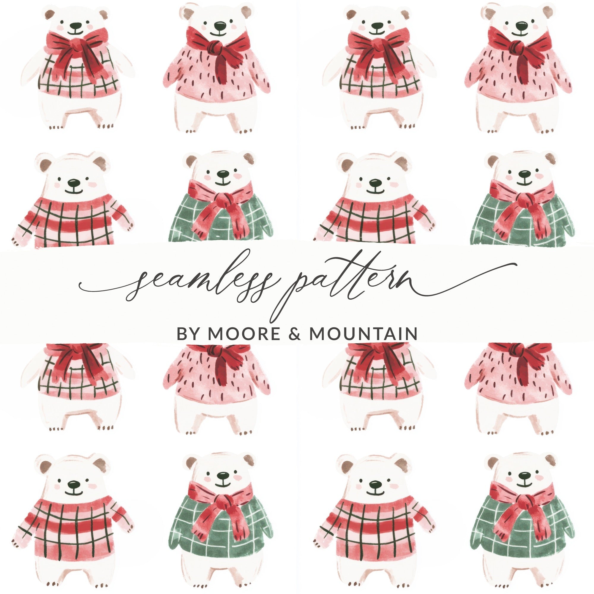 Cute Polar Bears with Bows and Scarves Seamless Pattern Digital - Moore and Mountain