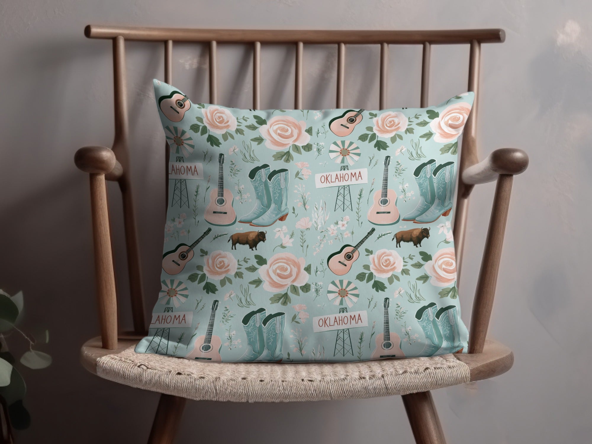 Oklahoma Themed Decorative Cushion with Floral Pattern