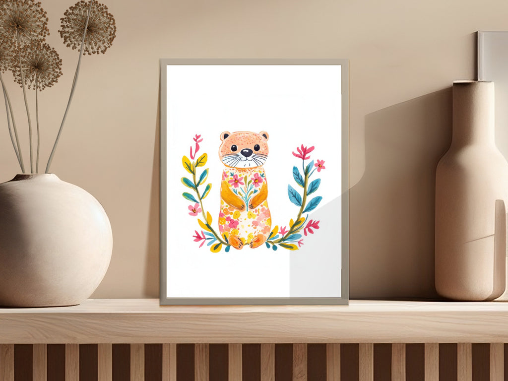 Watercolor illustration of a smiling otter surrounded by colorful flowers and leaves.