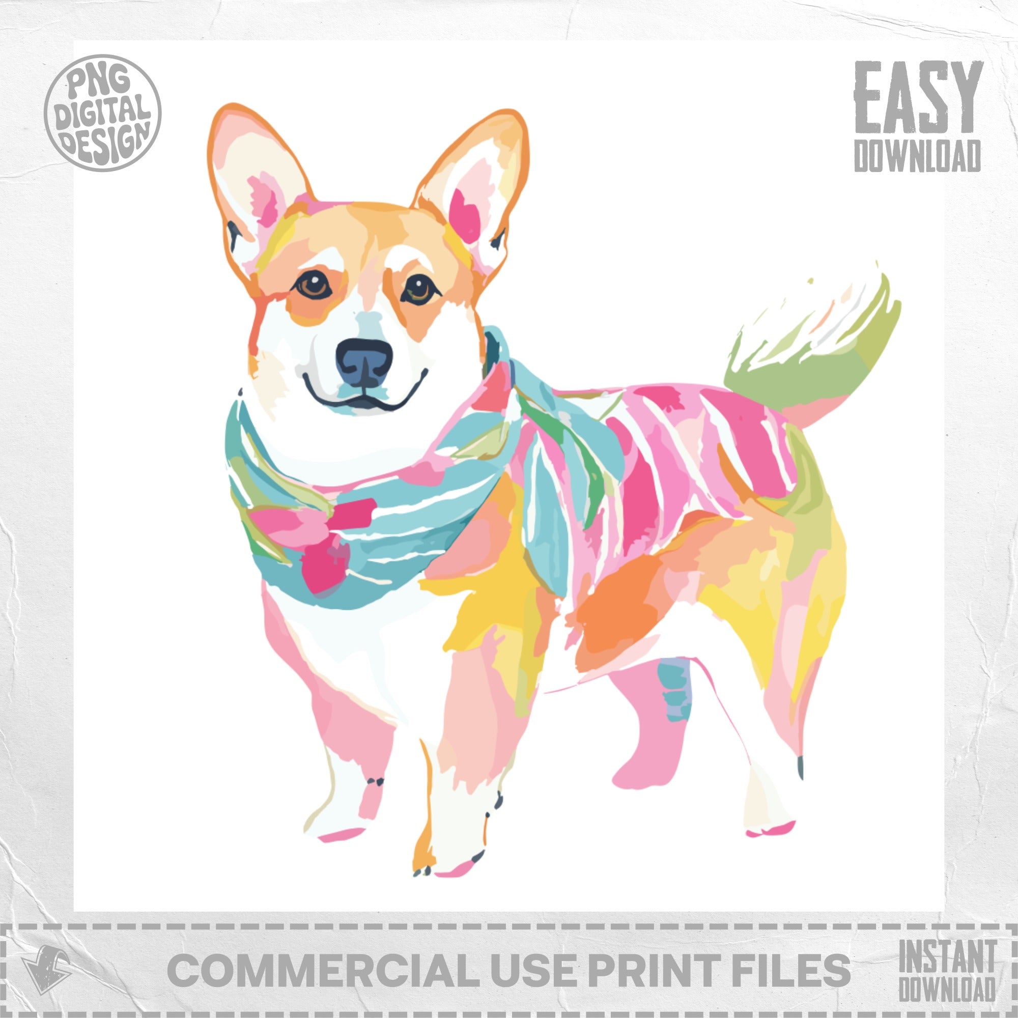 Watercolor corgi wearing a colorful scarf, with "EASY DOWNLOAD" in the corner.
