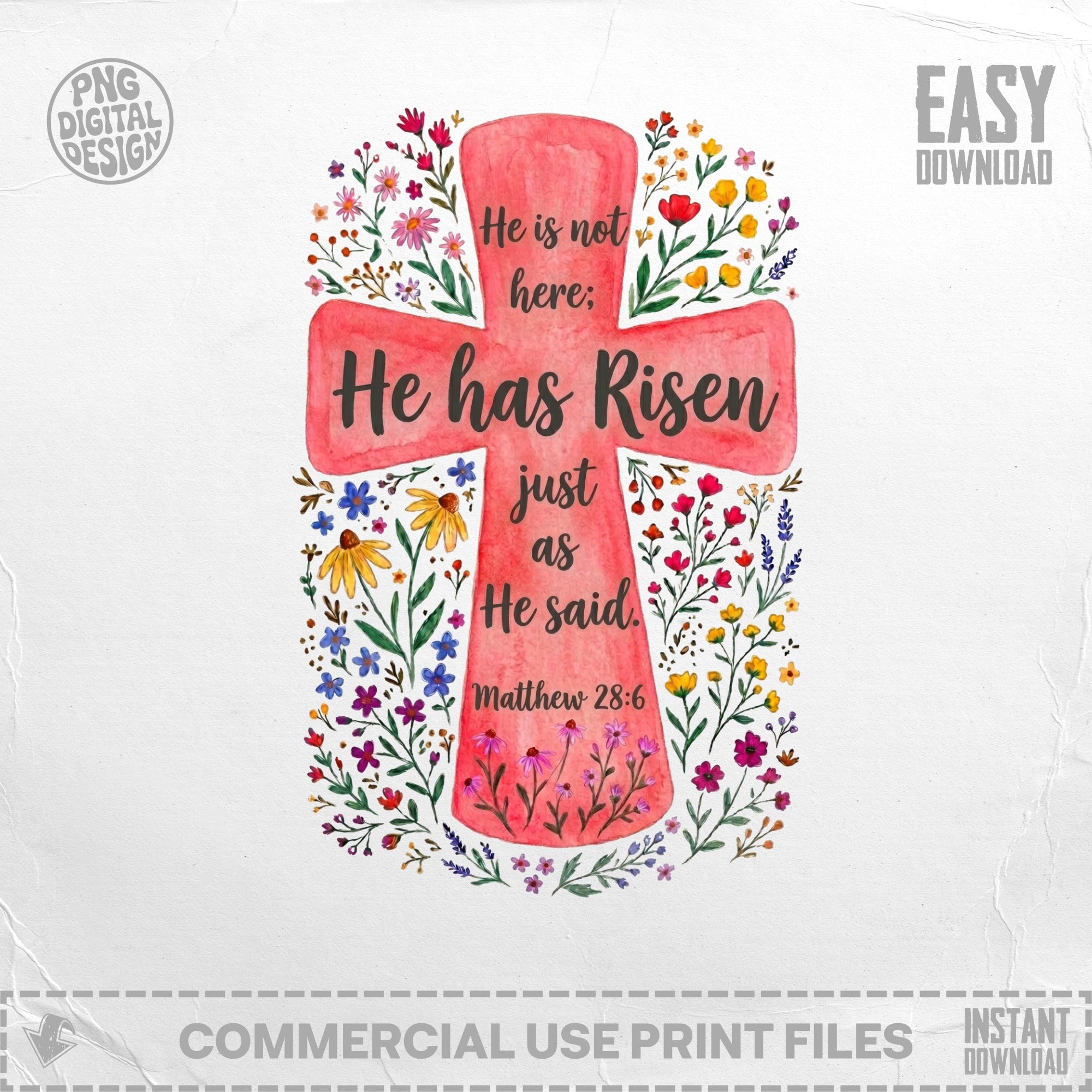 Cross with "He has Risen" text, surrounded by floral illustrations.