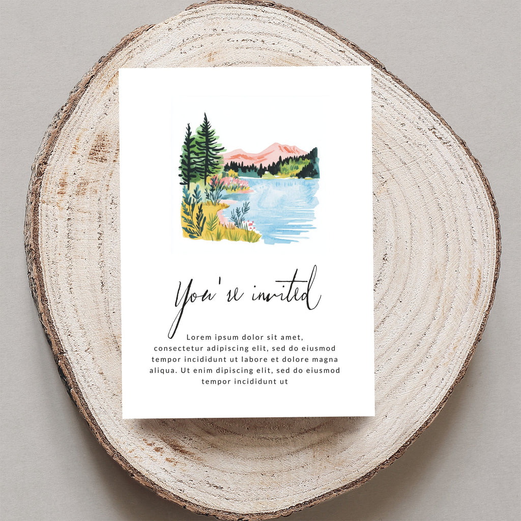 Invitation card with mountain lake illustration and placeholder text.