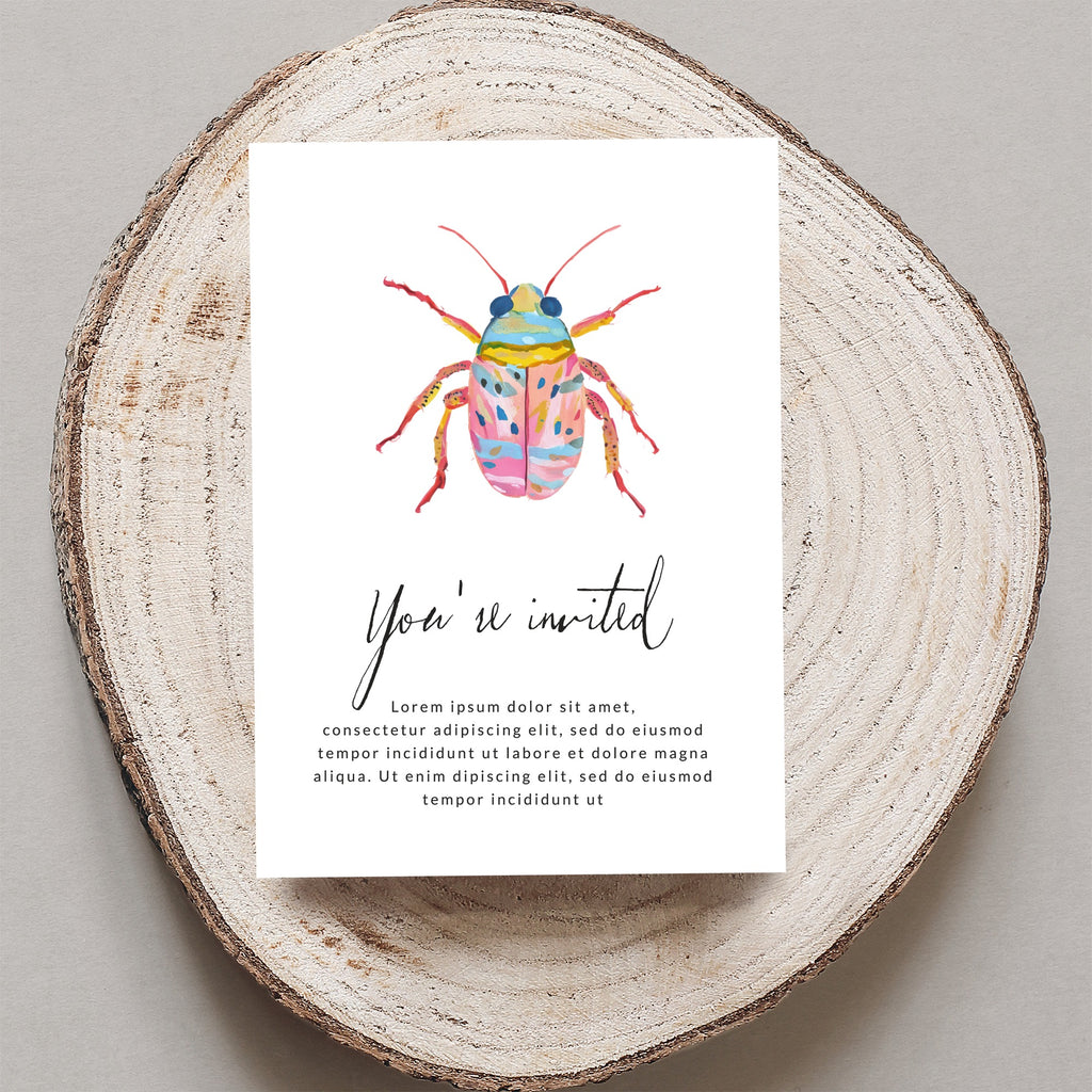 Watercolor beetle invitation with "You're invited" text.