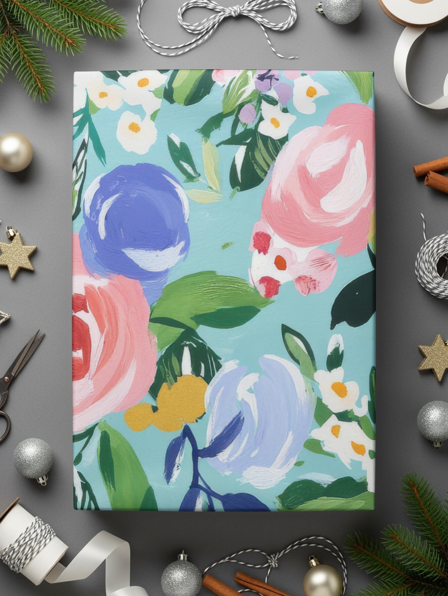 Blue Abstract Floral Seamless Pattern Digital Paper, Acrylic Spring Ditsy Flower Background, Fine Art Floral, Modern Gouache Painted Design