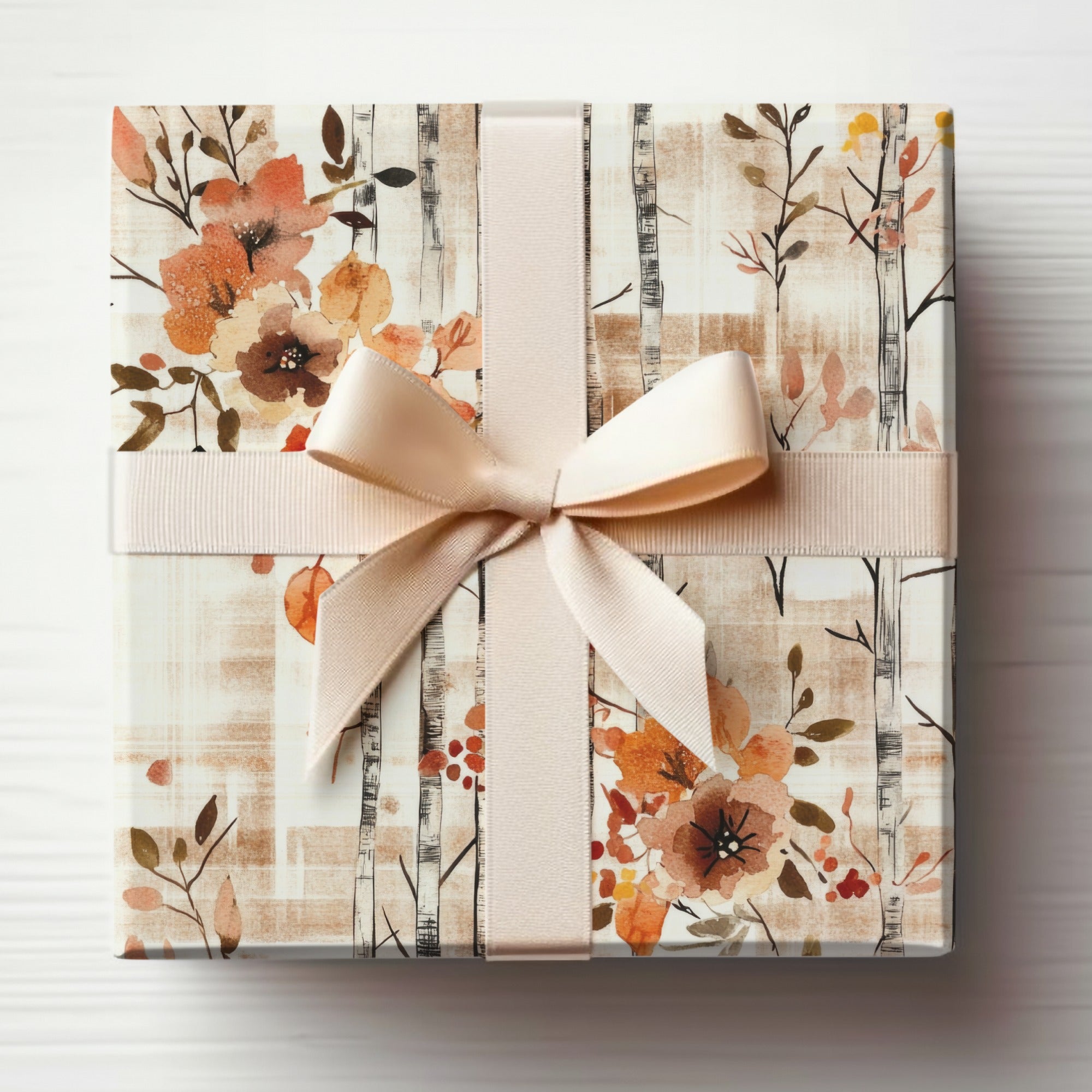 Elegant Floral Gift Box with Rustic Birch Tree Design