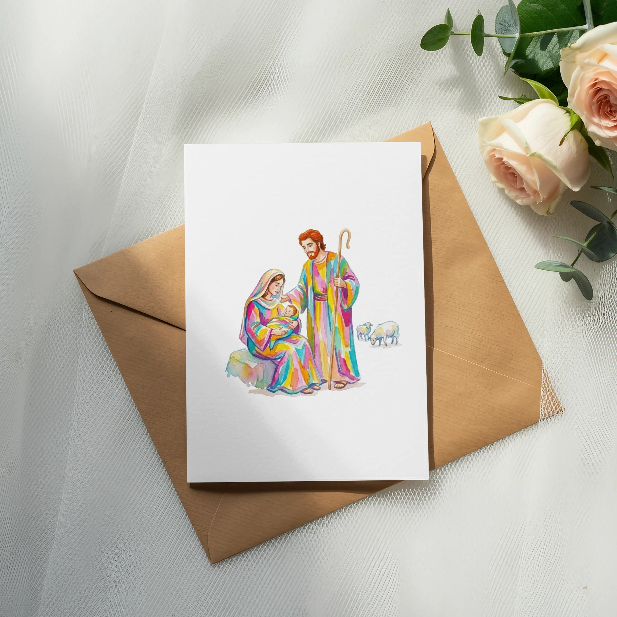 Nativity scene illustration on a card with Mary, Joseph, baby Jesus, and sheep.