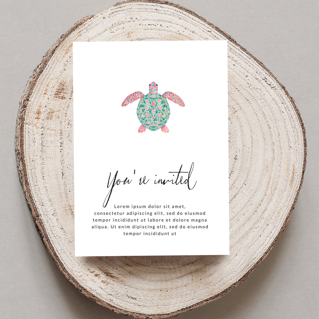 Invitation with floral sea turtle and placeholder text.