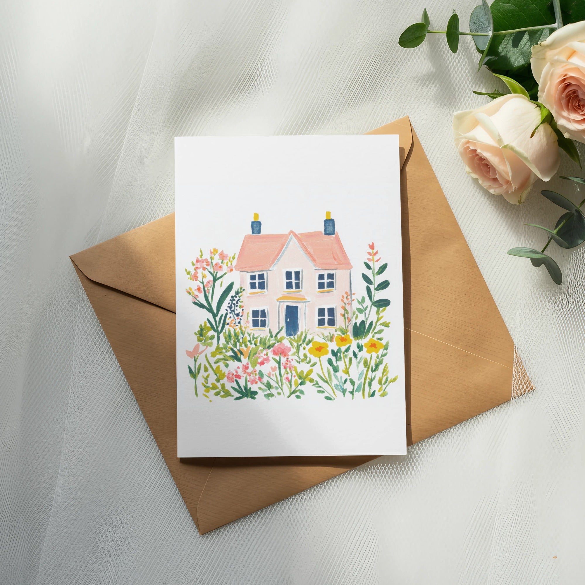 Watercolor illustration of a pink house surrounded by colorful flowers on a kraft envelope.