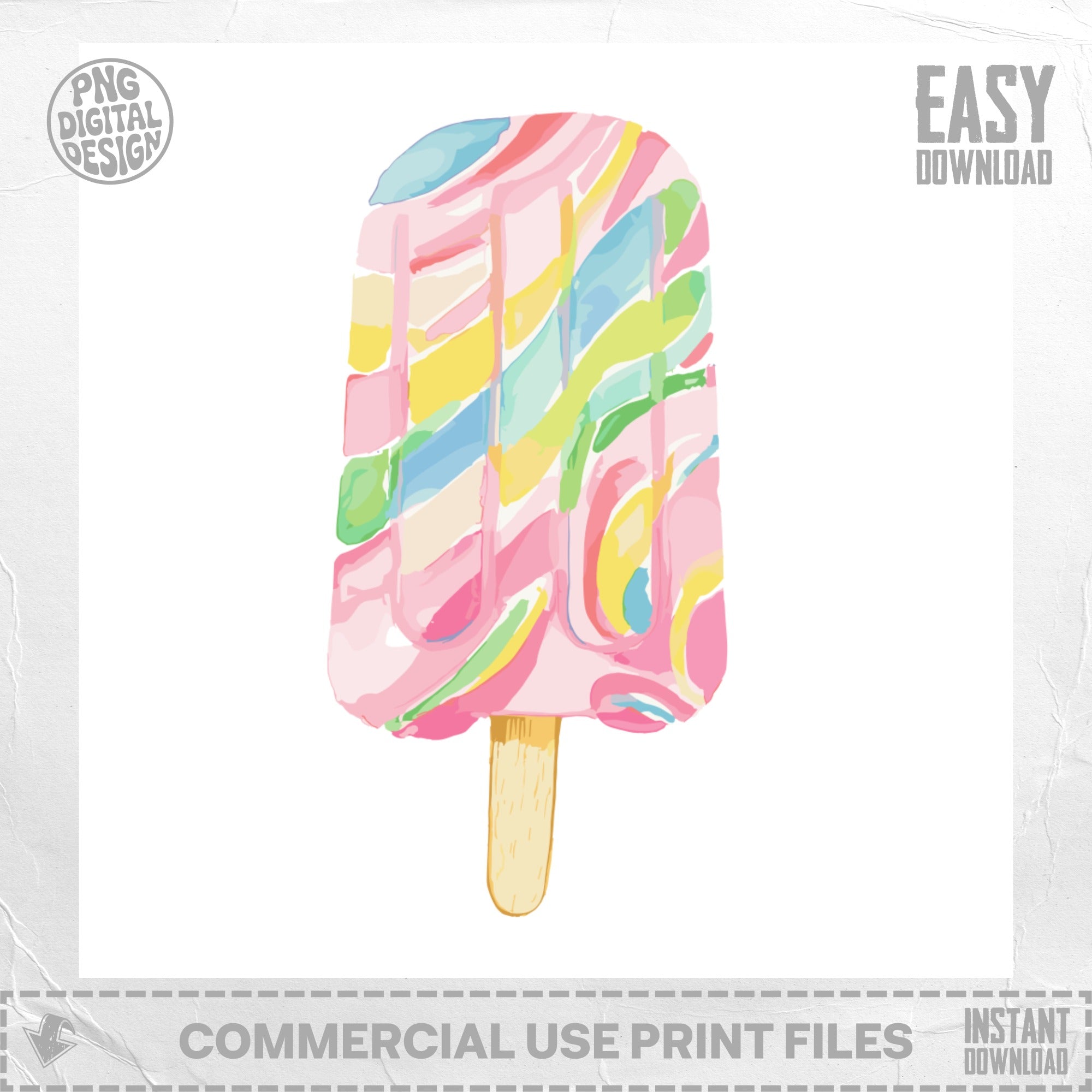 Colorful popsicle with pink, yellow, blue, and green stripes on a stick.