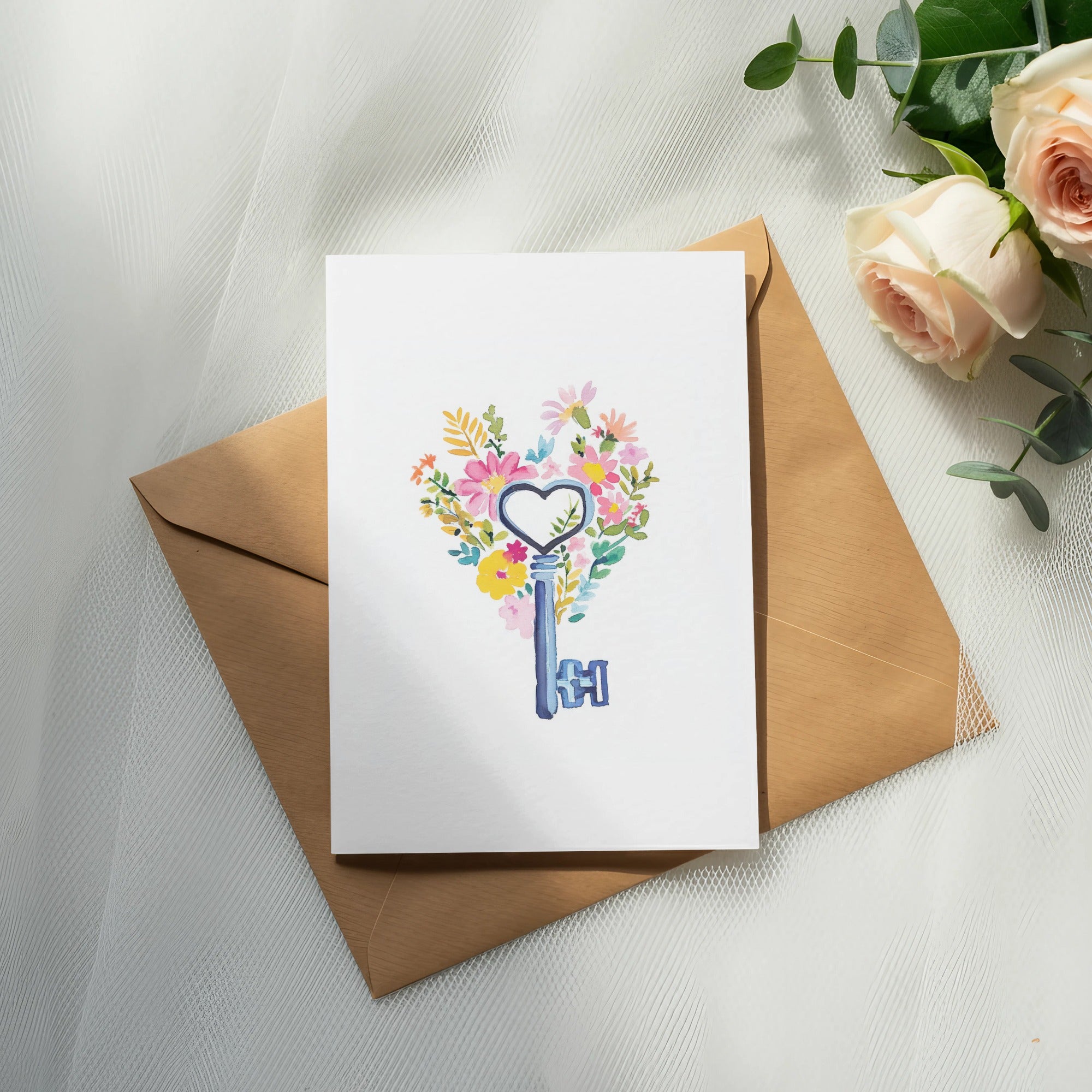 Card with heart-shaped floral design and vintage key, on brown envelope.
