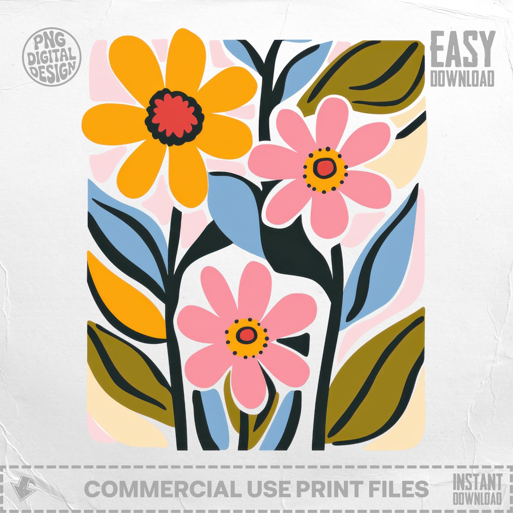 Abstract floral illustration with three colorful flowers and stylized leaves.