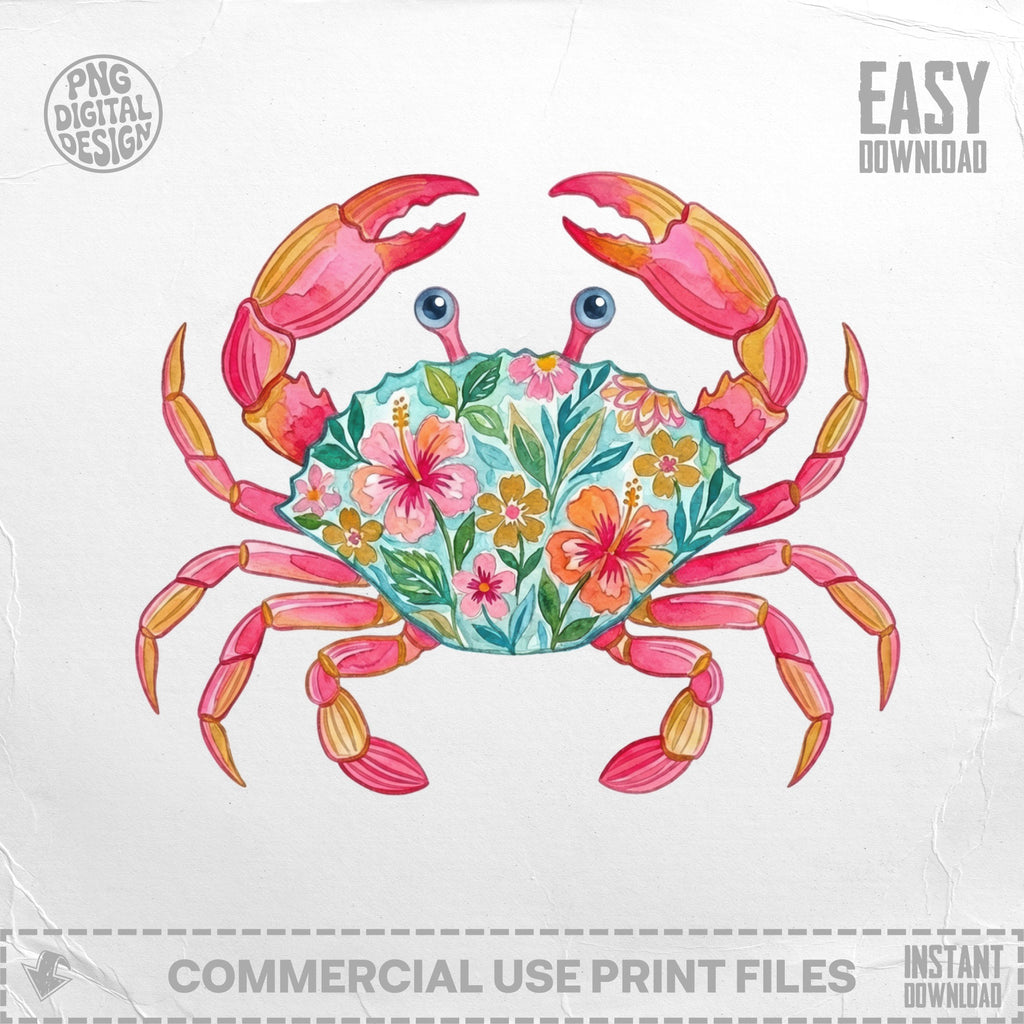 Watercolor crab with coral and floral body, with "Easy Download" text.