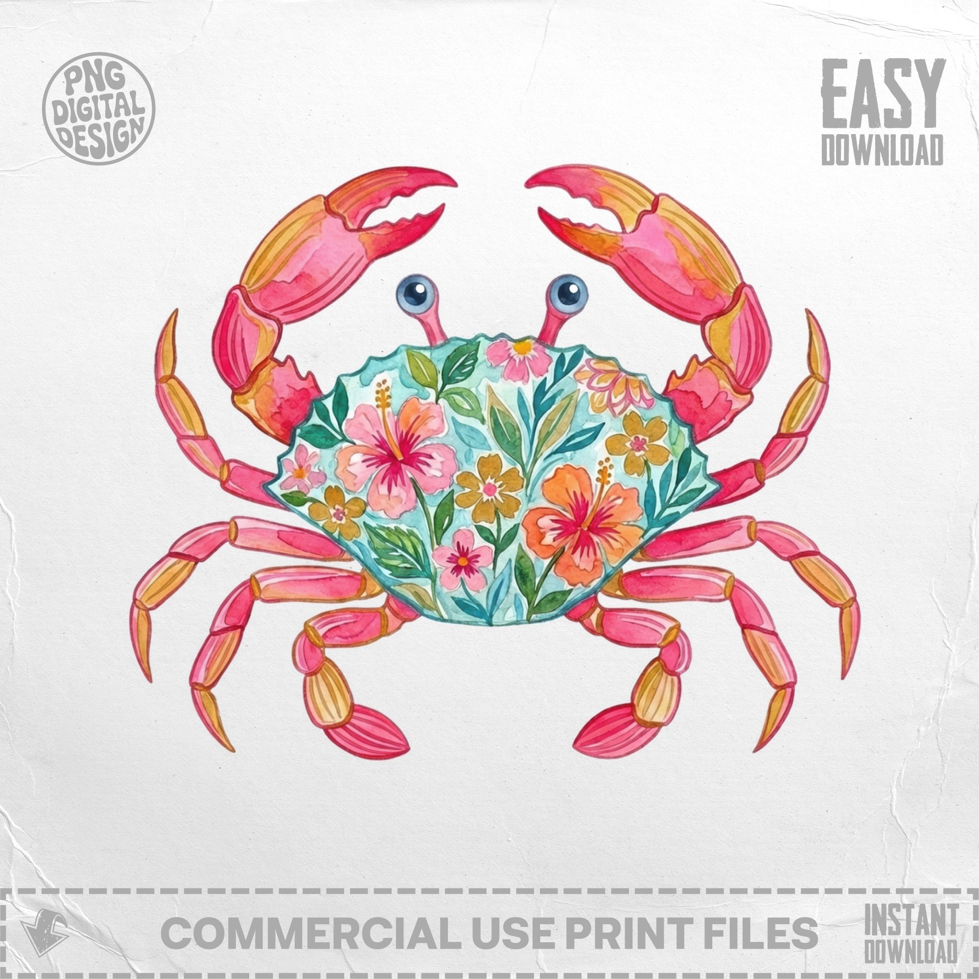 Watercolor crab with coral and floral body, with "Easy Download" text.
