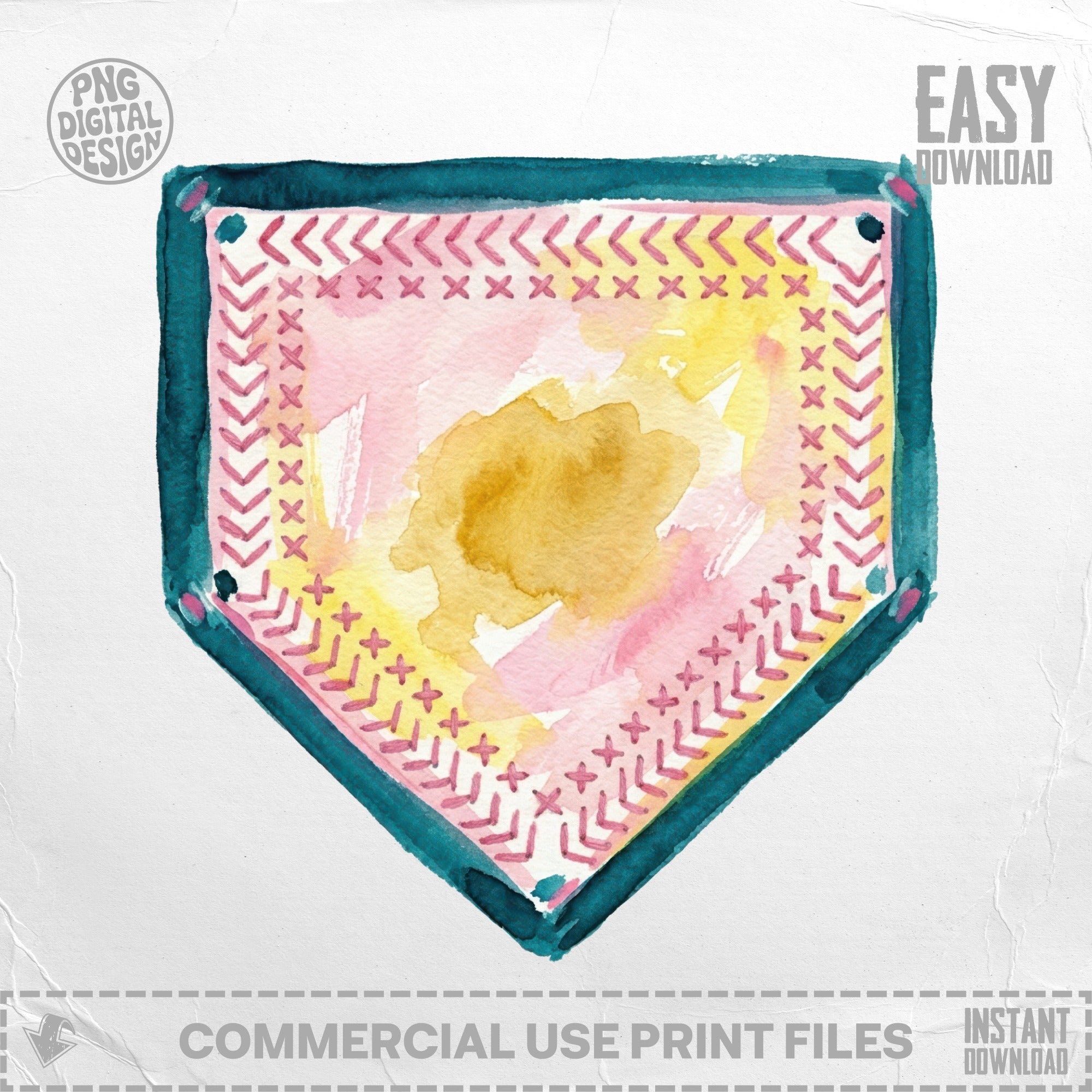 Watercolor home plate design with "PNG DIGITAL DESIGN" and "EASY DOWNLOAD" text.