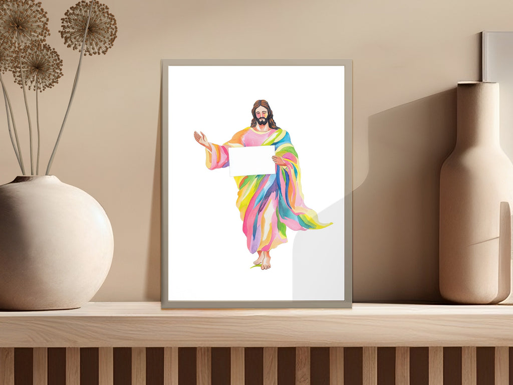 Jesus holding a blank sign in a colorful robe.