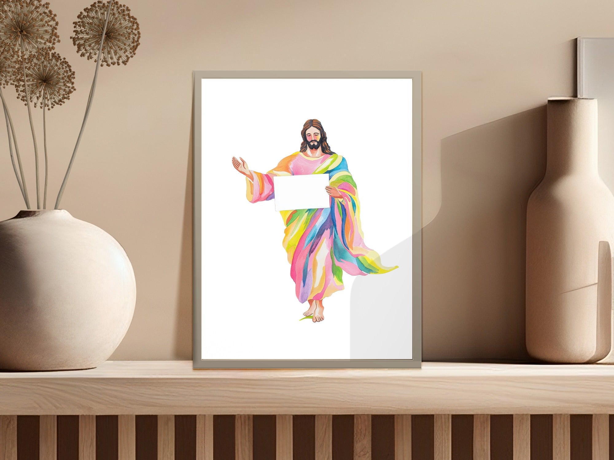 Jesus holding a blank sign in a colorful robe.