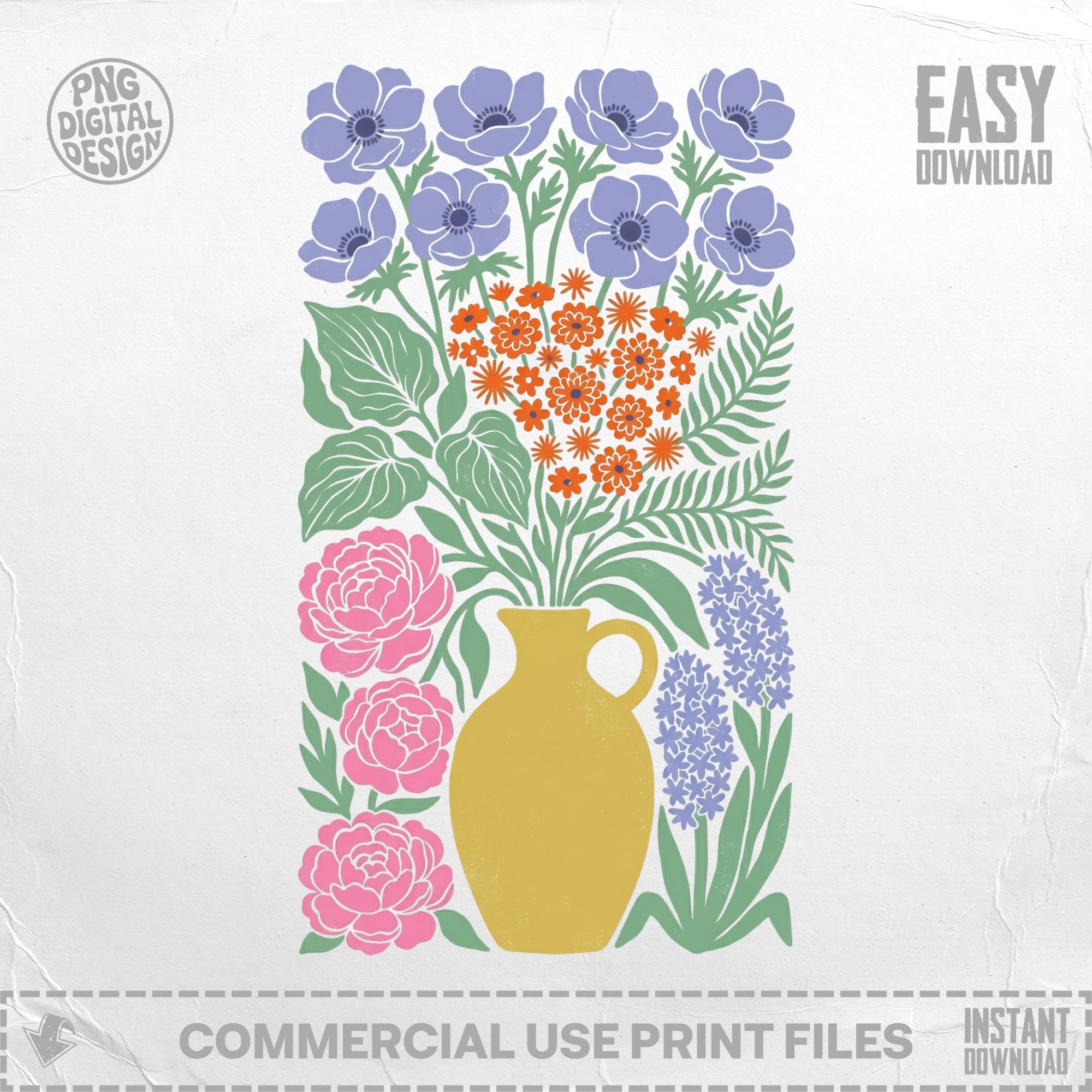 Yellow vase with colorful flowers including peonies and anemones.
