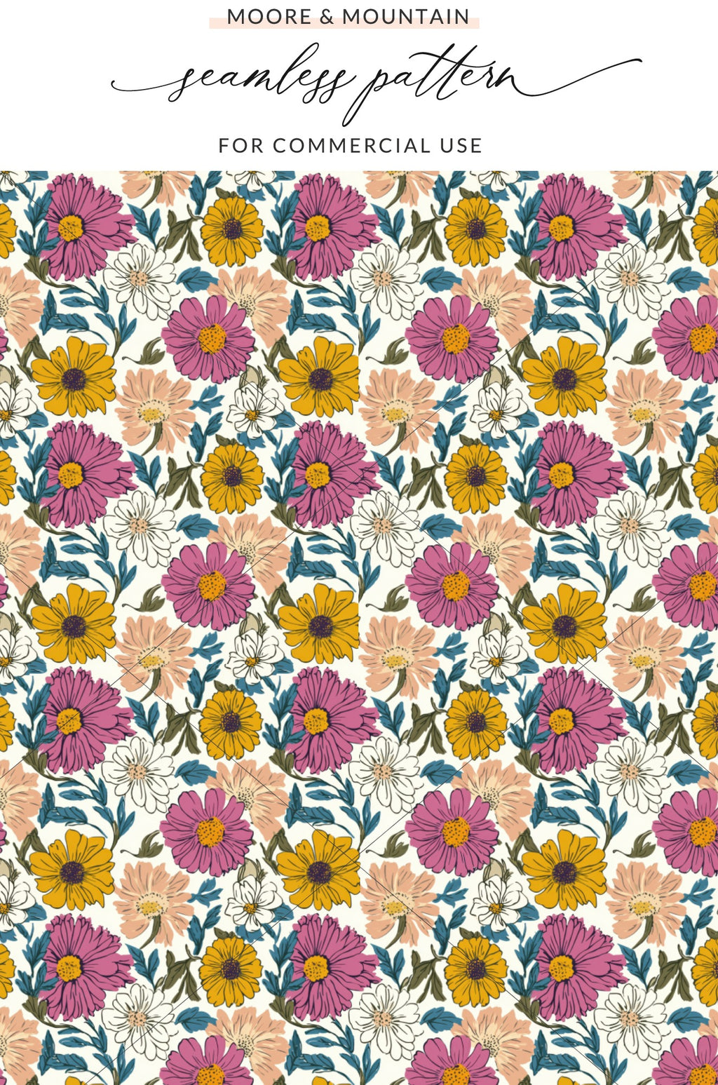 Seamless floral pattern with pink, yellow, and white flowers.