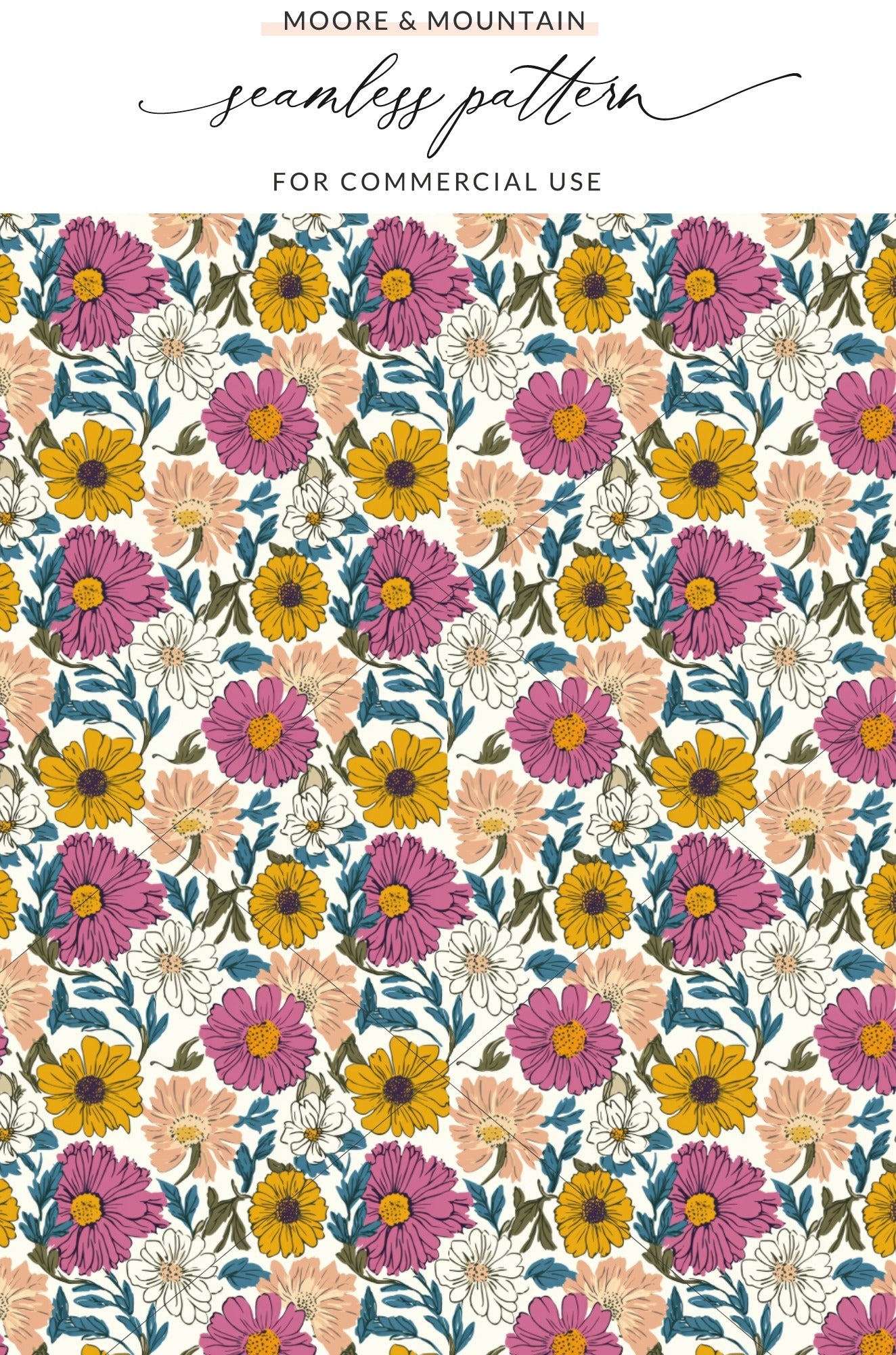 Seamless floral pattern with pink, yellow, and white flowers.