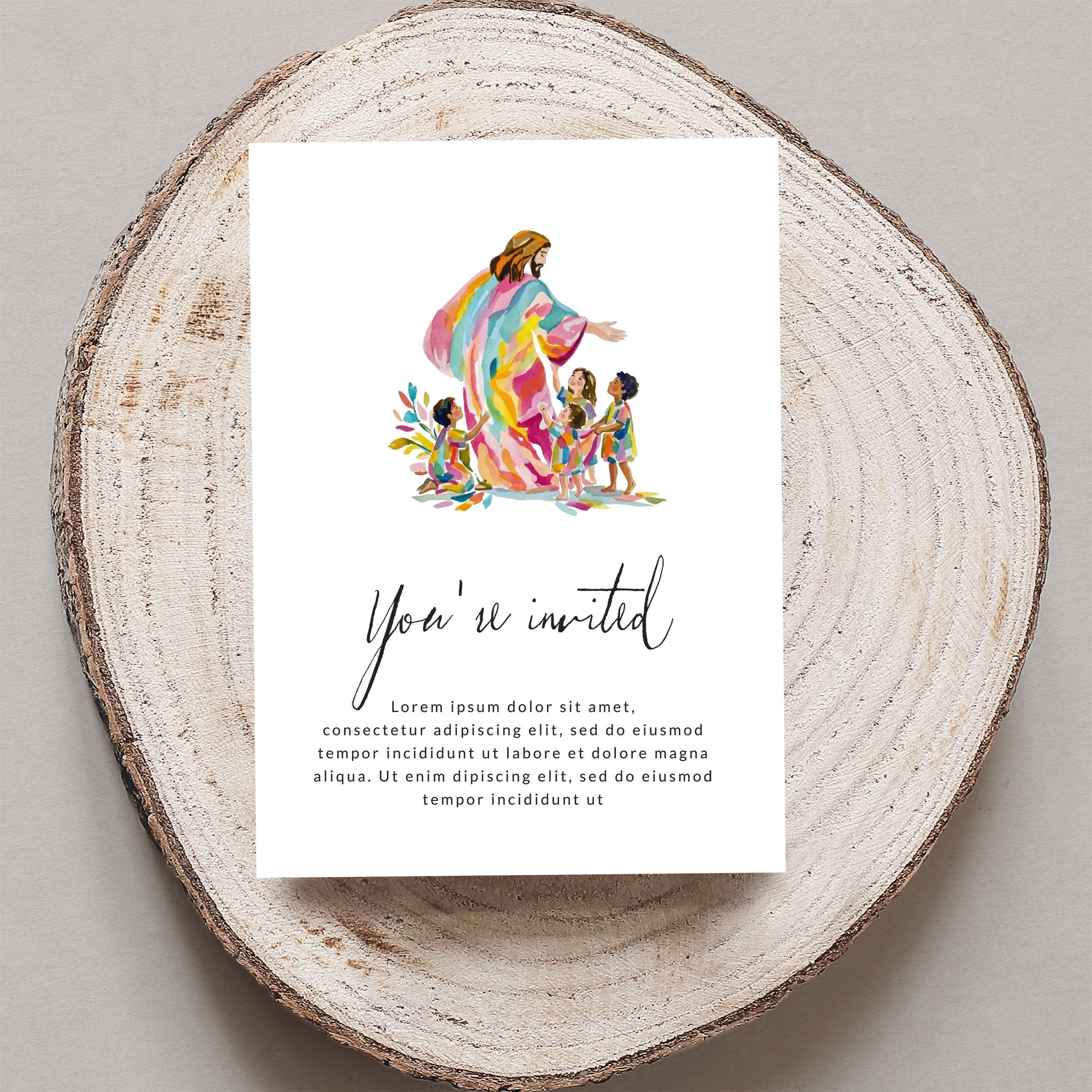 Invitation with watercolor Jesus and children, reads "You're invited".
