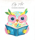 Colorful owl illustration reading a book, titled "Clip Art by Moore & Mountain".