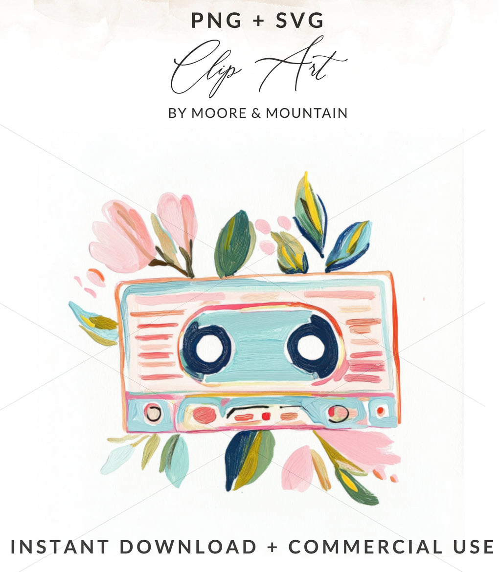 Watercolor cassette tape with floral accents, "PNG + SVG" and "BY Moore & Mountain" text.