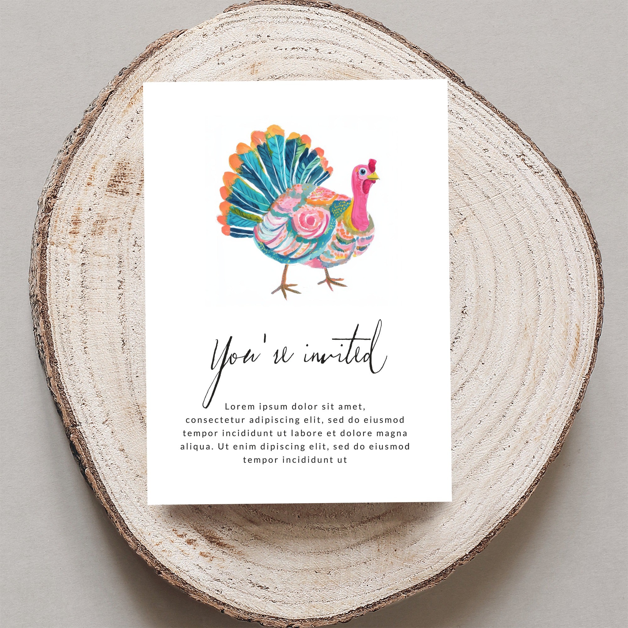 Watercolor turkey on an invitation with "You're invited" text.