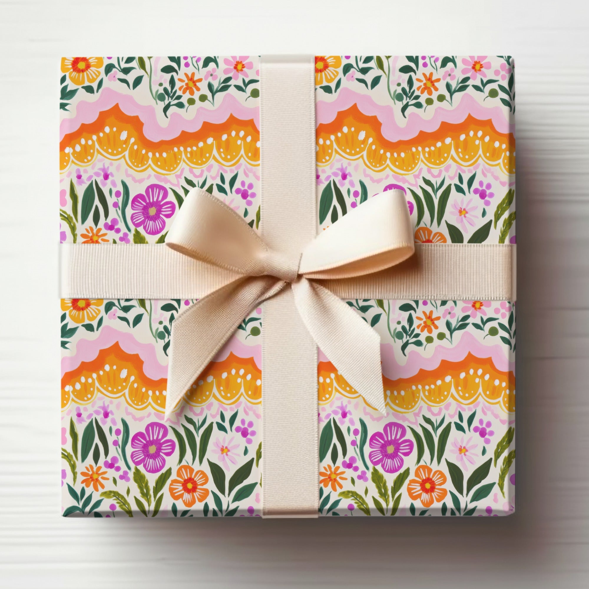 Vibrant Floral Gift Wrap with Elegant Ribbon Design