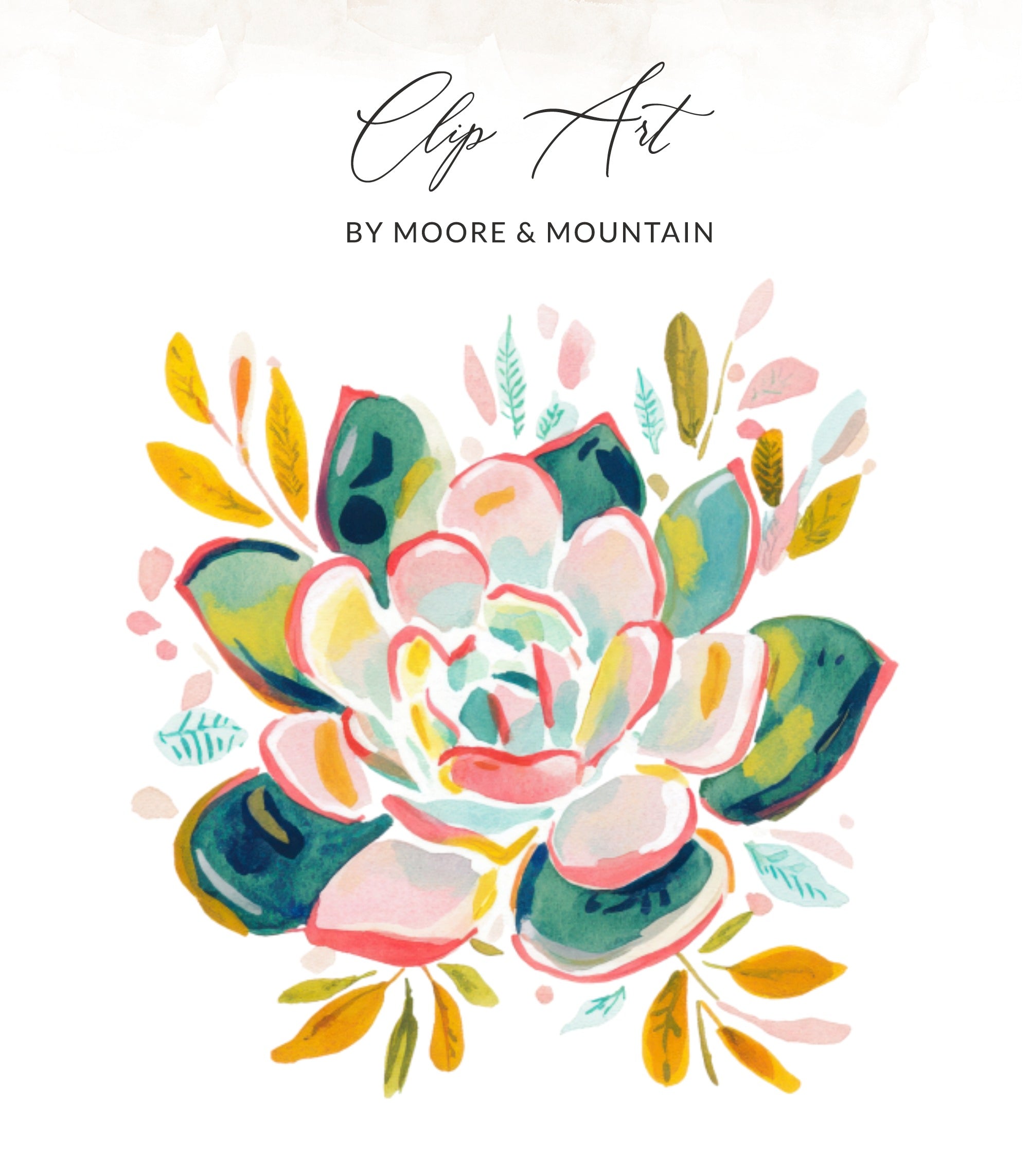 Watercolor succulent plant with leaves in pink, green, and yellow tones.