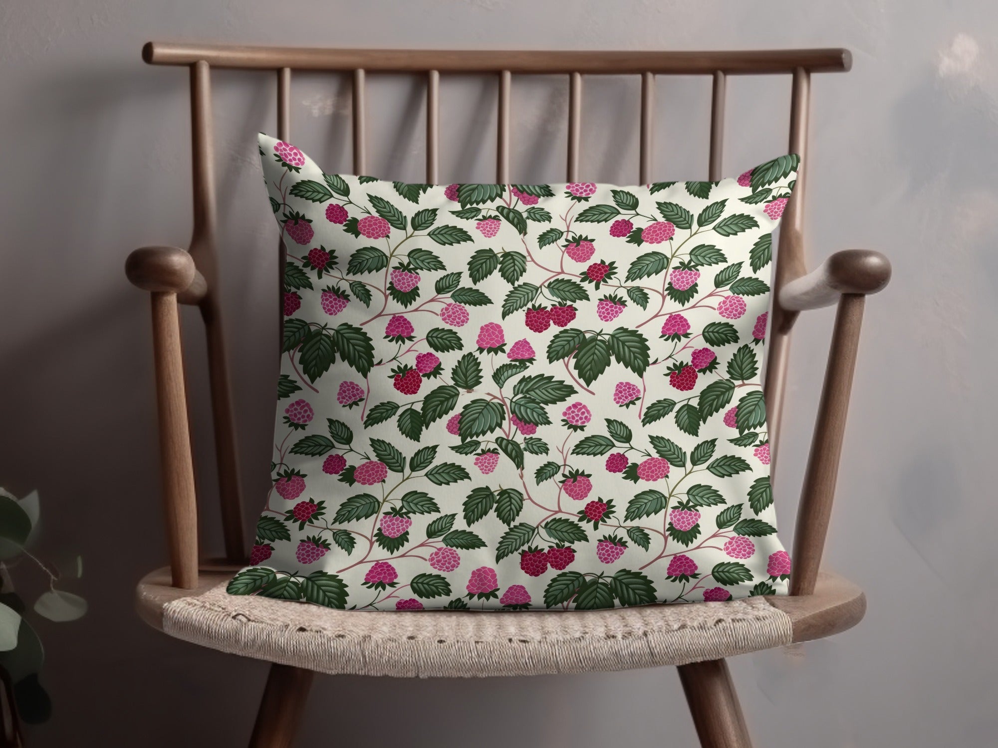 Pink and Green Leafy Berries Decorative Pillow Cover